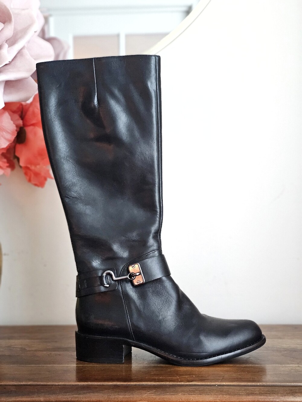 Via Spiga Black Leather Knee High Riding Boots Harness Buckle Size 7M
